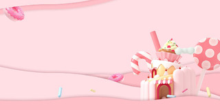 粉色简约大气甜甜圈蛋糕云朵剪纸甜品展板背景甜品背景